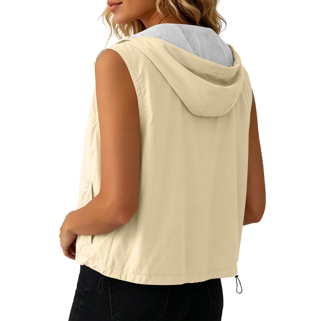 Women Sleeveless Zip Up Hooded Vest Jacket with Pockets Lightweight Casual Outerwear Drawstring Hem Design