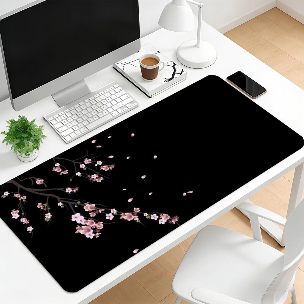 Dark Cherry Blossom Extended Desk Mat Non Slip Rubber Stitched Edge Large Mousepad For Laptop Pc Office Desktop Gaming Space