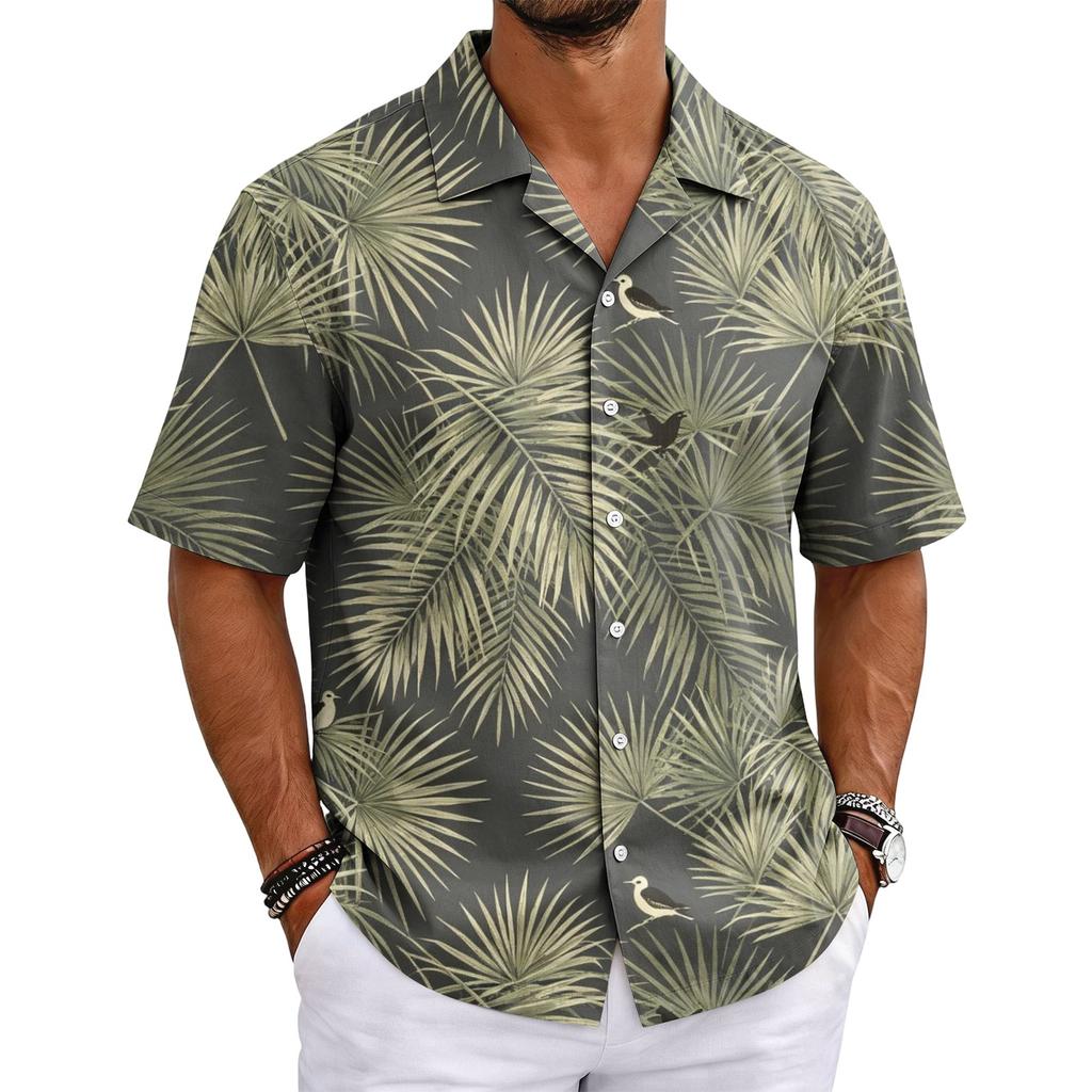 Men's Summer Hawaiian Print Cuban Collar Shirt Short Sleeve Button Down Casual Beach Shirt Lightweight Breathable Fabric