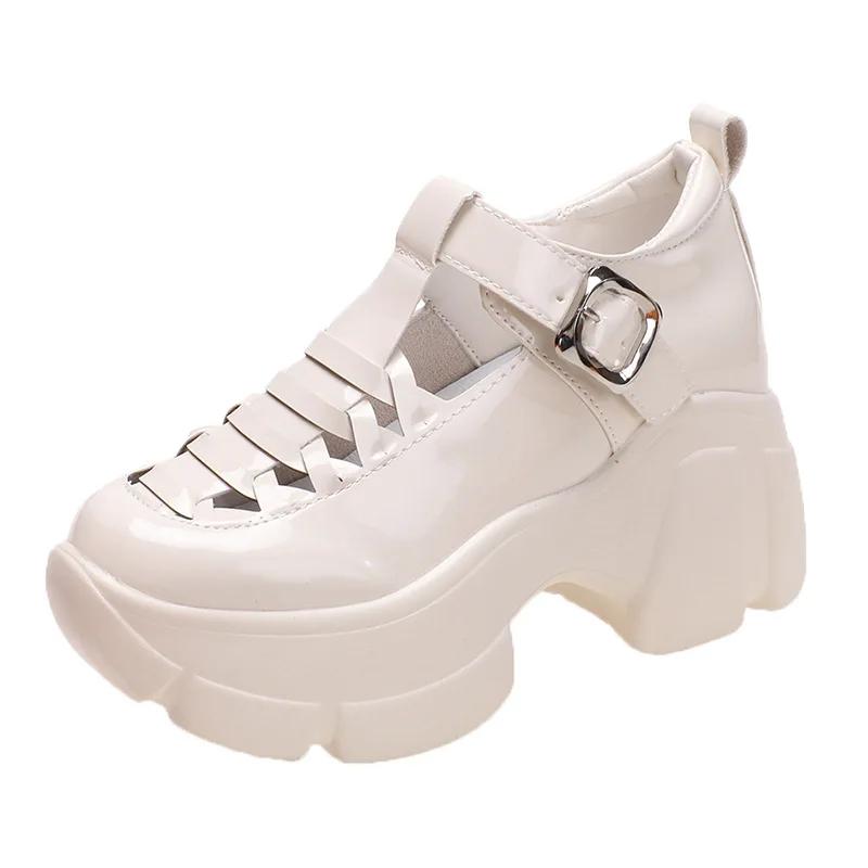 Fashion Women Patent Leather Chunky Sneakers Breathable Chain High Heels British Style Platform Casual Shoes Woman 7cm