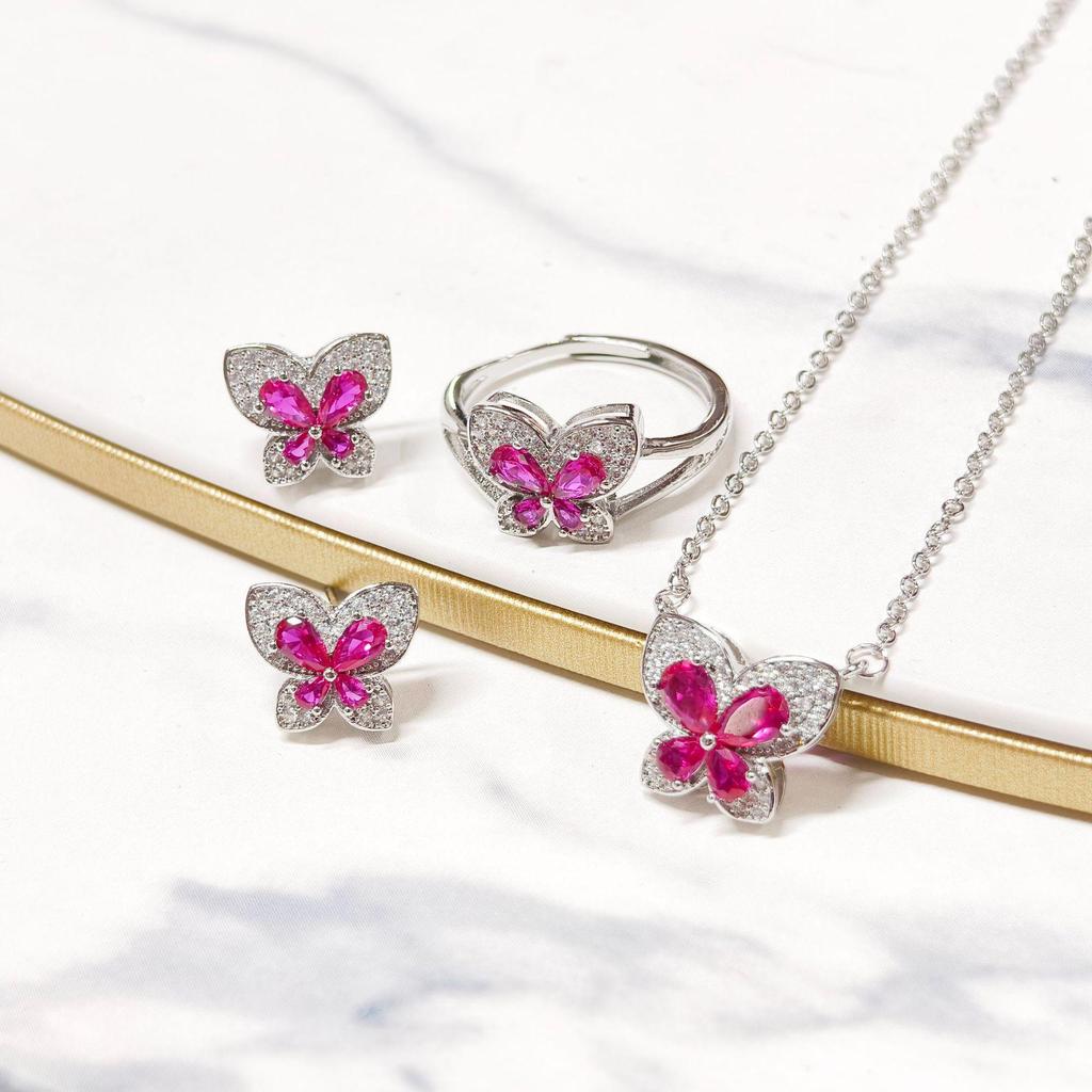 Gusien Exquisite Red Steel Butterfly Jewelry Set: Necklace, Ring & Stud Earrings - Korean Style Women's Fashion.