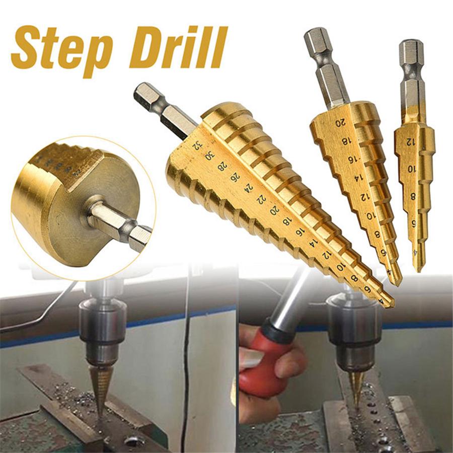 3Pcs HSS Sheet Metal Tools Drill 4-12/20/32mm Hex Titanium Step Cone Car Repair
