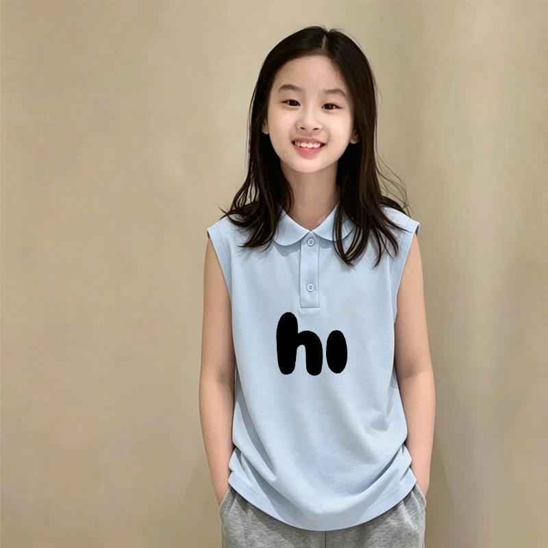Korean Style Girls' Cotton Sleeveless Polo Vest, Thin Summer Design for Ages 6-12