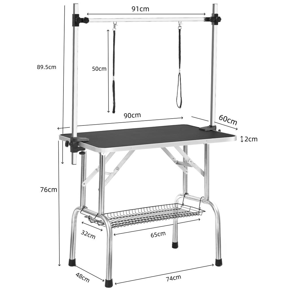 Professional Folding Pet Grooming Table, Equipped with Portable Support Arm, Leash and Mesh Shelf, Black, 90*60*76cm, Maximum Load Capacity 60kg