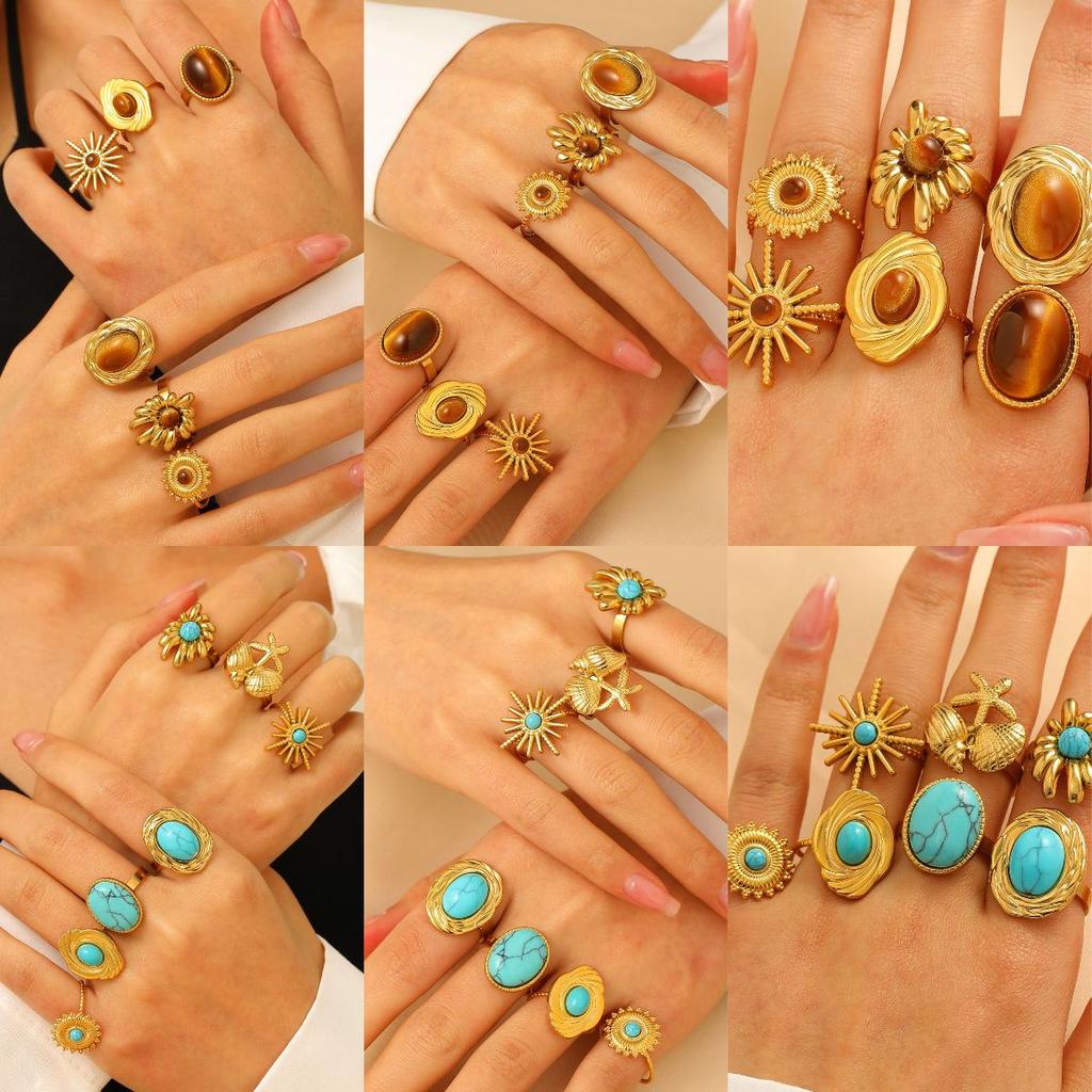 Vintage Turquoise Stainless Steel Open Finger Ring for Women