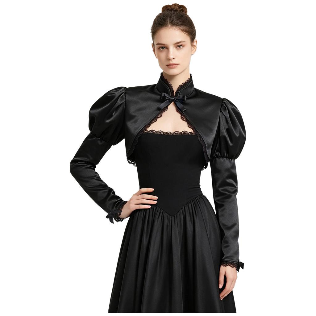 Women Victorian Gothic Bolero Shrug Floral Lace Trim Stand Collar Long Puff Sleeve Front Lacing Crop Cardigan Shawl for Vampire Cosplay Costume