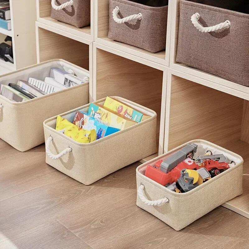 Large Capacity Foldable Organizer Basket with Handle Linen Storage Box Clothes Bag Toy Sundries Sorting Storage Basket Home Use