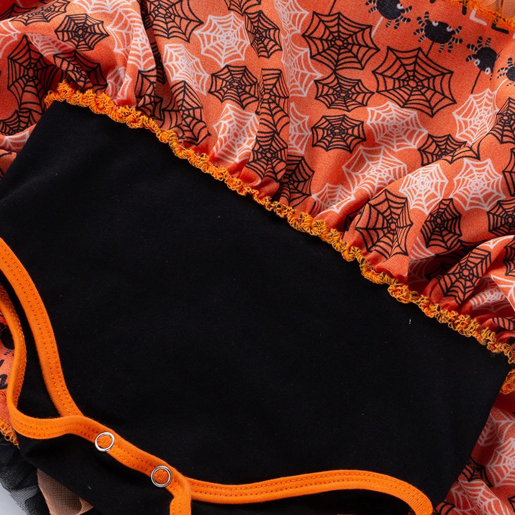 Dziewczęcy Zestaw Ubraniowy 2PC Sukienka z Krótkim Rękawem i Nadrukiem Dyni oraz Spódniczka Tiulowa z Opaską na Głowę Strój na Halloween