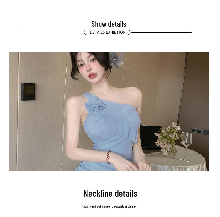 Sexy One-Shoulder Mesh Ruffled Slip Dress