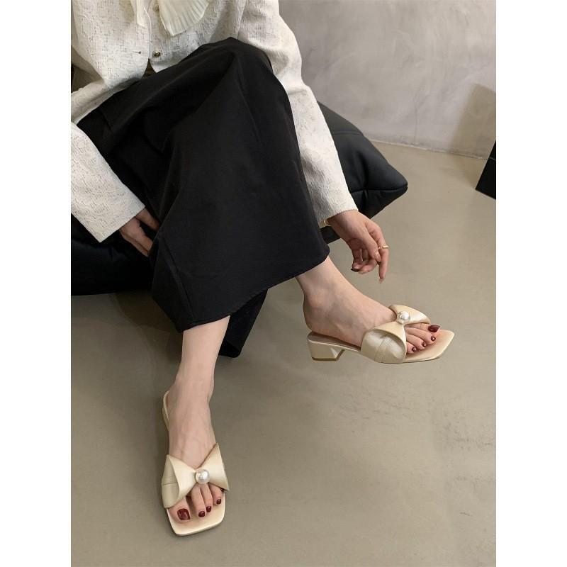 Bow women's slippers women's summer wear new French temperament fairy style evening with skirt thick heel sandals