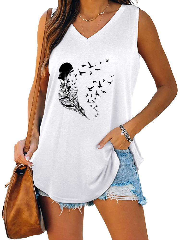 Women Fashion V Neck Printed Sleeveless Top Summer Casual Pullover Loose Tank Top