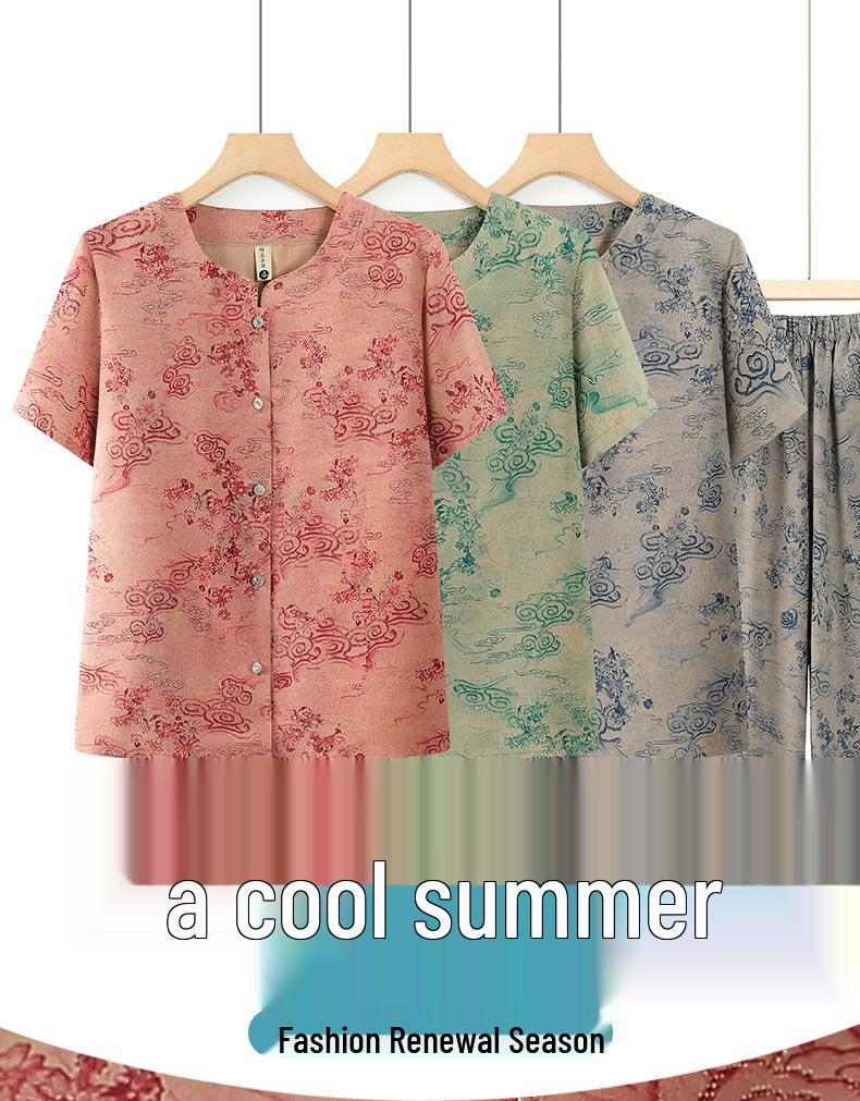 Summer Plus-Size Two-Piece Stylish Set for Middle-Aged & Elderly Women with Short Sleeves