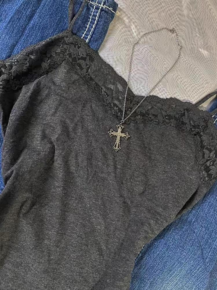 Cool Punk Harajuku Lace Solid Color Y2k Tank Top Casual Hip Hop Sleeveless Top Unique Grunge Goth Crop Top Streetwear Vest Retro