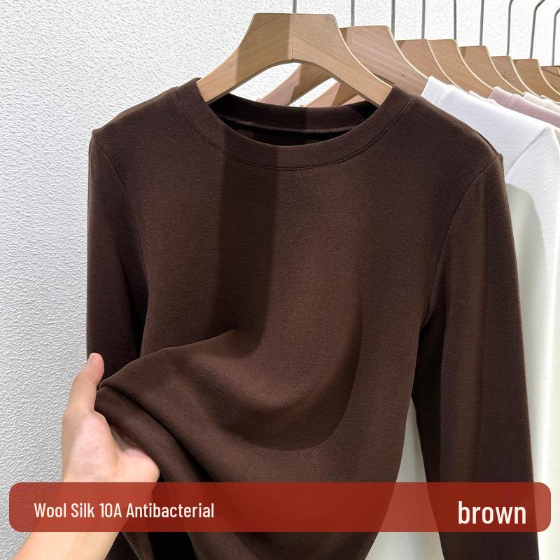 Women's Wool Silk Round Neck Base Layer Shirt - Autumn/Winter 2025 Collection, Velvet-Thickened for Warmth