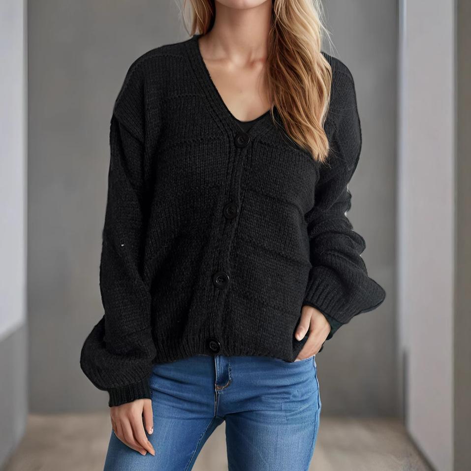 Autumn New Casual Loose Top Pink Outer V-neck Long Sleeved Women's Knitted Sweater Cardigan 3606