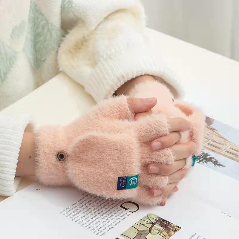 New Half-finger Covered Plush Gloves, Autumn and Winter Flip Knitted Warm Thickened Bag Cover, Leaking Finger Imitation Mink