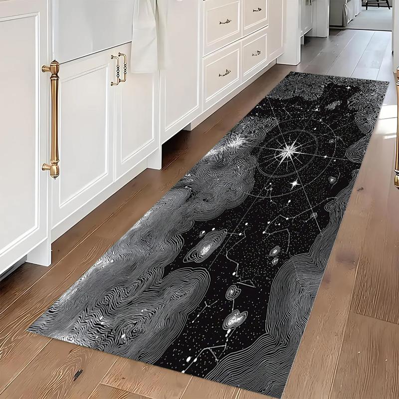 Dark Runner Rug Washable Outer Space Star  Planet Floor Mat Long Vintage Solar System Carpet for Kitchen Hallway Room