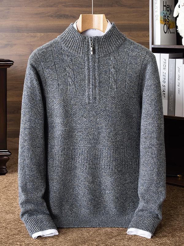 Herren-Strickpullover aus reiner Wolle, dick, für Herbst & Winter, mit halbem Reißverschluss