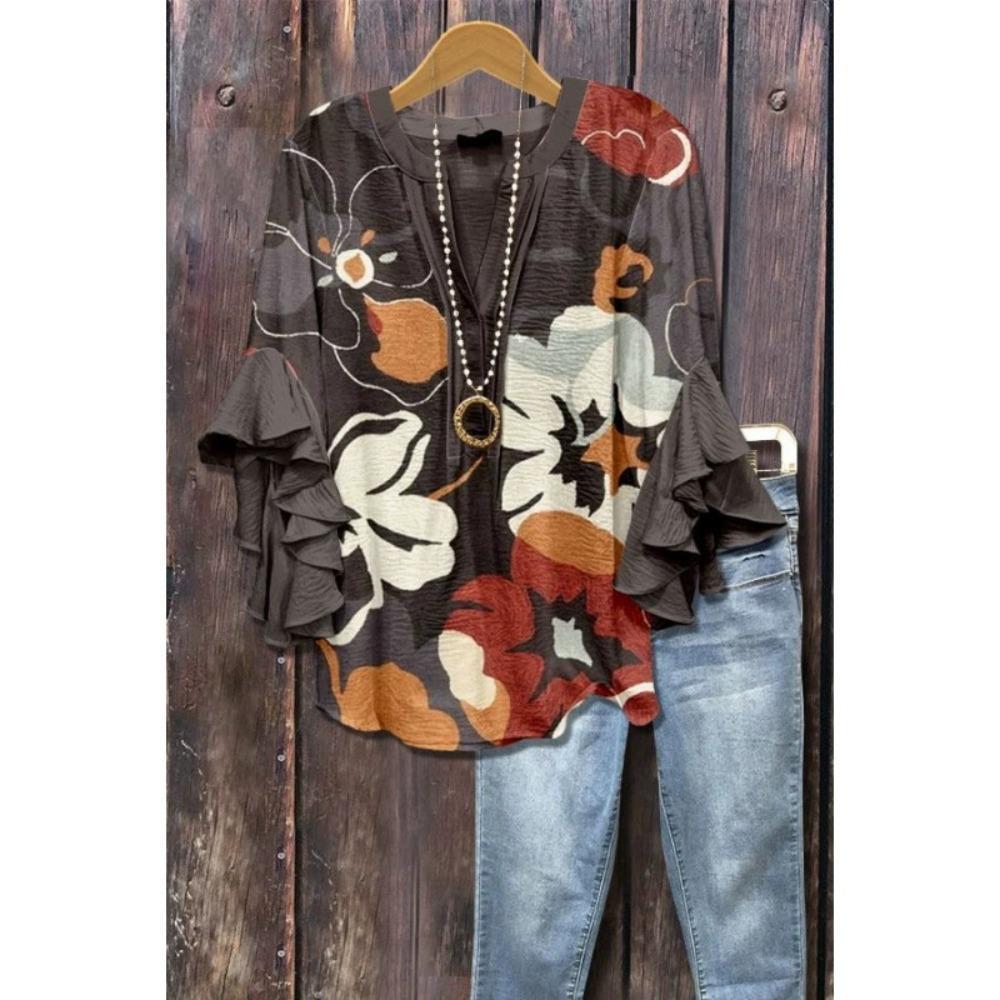 Large Women's Bohemian V-neck Shirt with Ruffle Sleeves, Grey Brown Floral Print Top, Casual Breathable Machine Washable Pullover