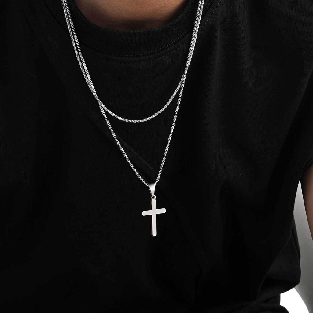 Vnox Men's Classic Cross Pendant Necklace, Stainless Steel Rope Cuban Blade Chain, Handsome Layered Neck Chains