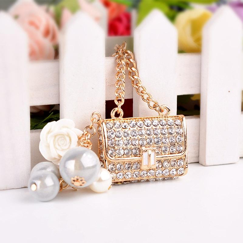 Fashion Metal Small Gift Creative Square Lady Chain Bag Shape Keychain White Rhinestone Lady Bag Accessories Automobile Gift