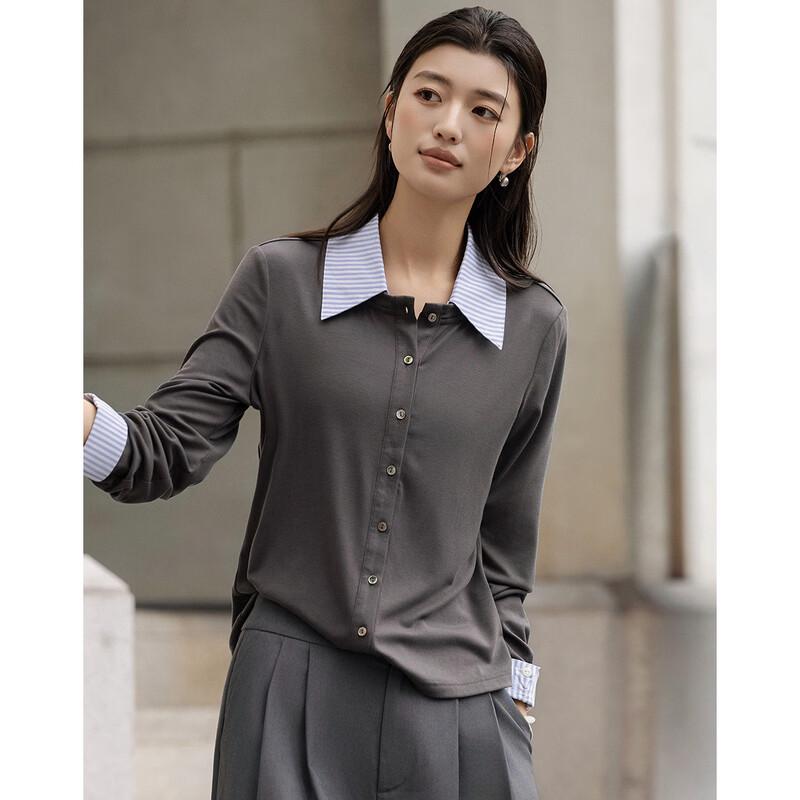 Women's Lyocell Blend Color Block Striped Lapel T-shirt