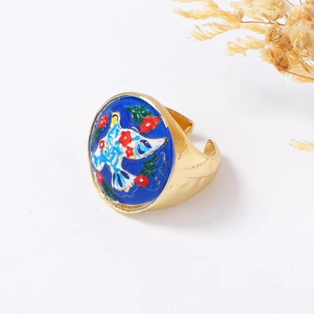 Pomegranate Printing Enamel Flower Ethnic Style Ring Irregular Rotundity Heart-shaped Vintage Metal Geometric Ring Colorful