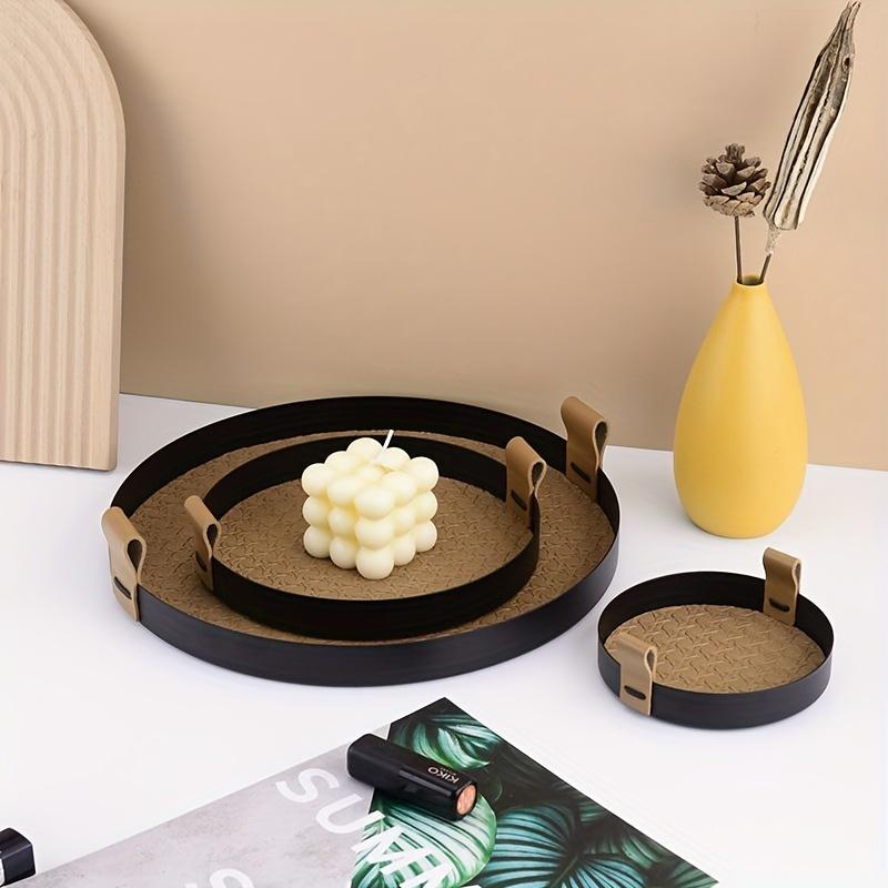 Nordic Round Jewelry Tray Woven Leather Storage Tray Living Room Kitchen Desktop Cosmetic Sundries Plate Home Decoration