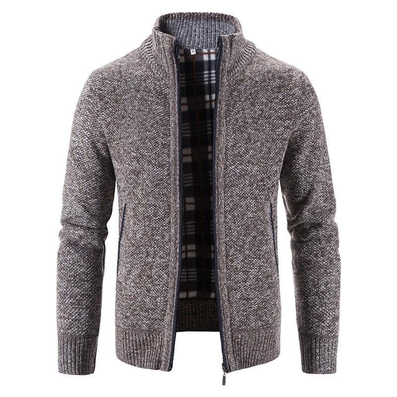 Mens Stand Collar Fleece Lined Solid Loose Knit Zip Up Long Sleeve Sweater Cardigan Coat