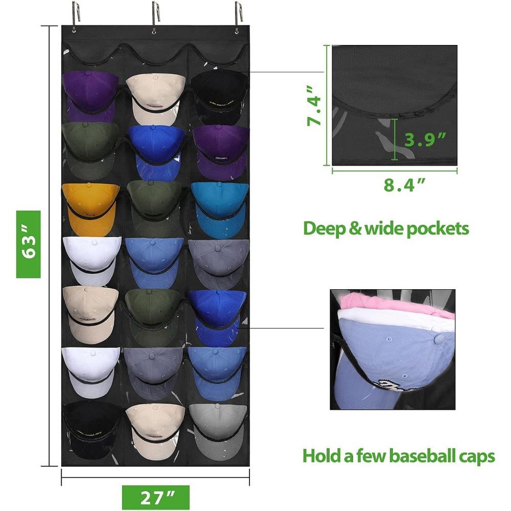 Dofilachy Hat Organizer Racks for Baseball Caps, Visible Hat Holder Rack for Wall Door with 3 Hooks, 24 Deep Pockets