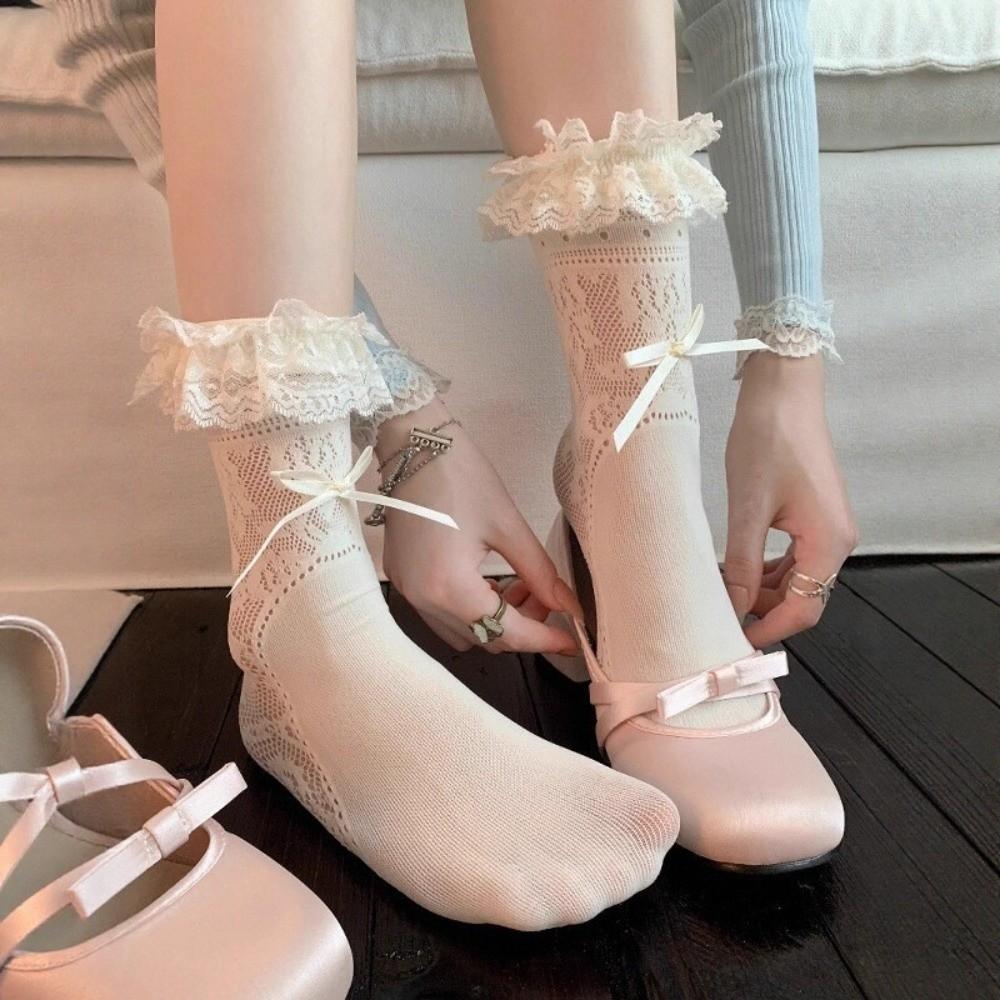 Thin Mid-Tube Socks Solid Color Stocking Fashion Lace Bow Socks for Women бежевый