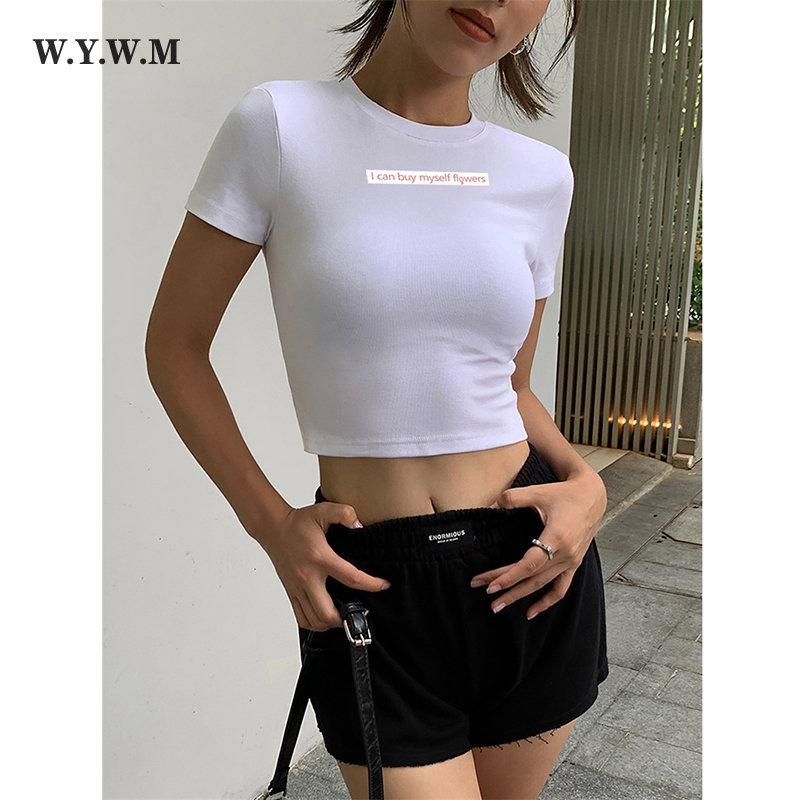 

WYWM летние модные футболки с короткими рукавами женские корейские тонкие топы с круглым вырезом с буквенным рисунком 2023 повседневные хлопковые базовые женские футболки укороченный топ