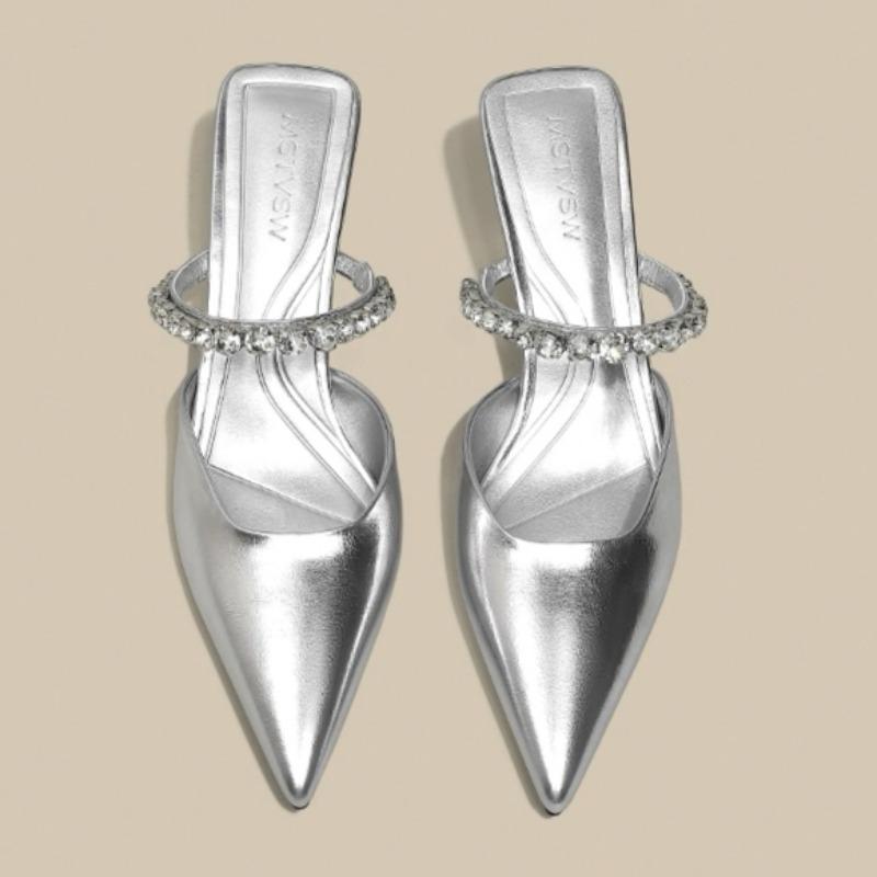 

Модные женские сандалии Baotou Весна Новые Остроносые С мелким вырезом Хрустальные с Нескользящей износостойкой Тонким каблуком Шлепанцы 42 серебряный