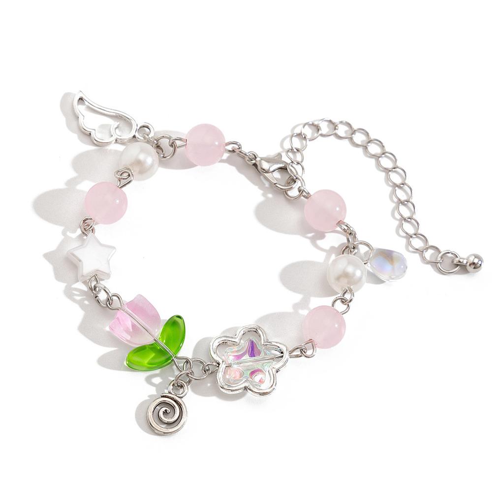 Elegant Tassels Flower Bracelet Faux Pearls Beaded Handchain Comfortable Wear Wristchain Accessory for Women and Girls