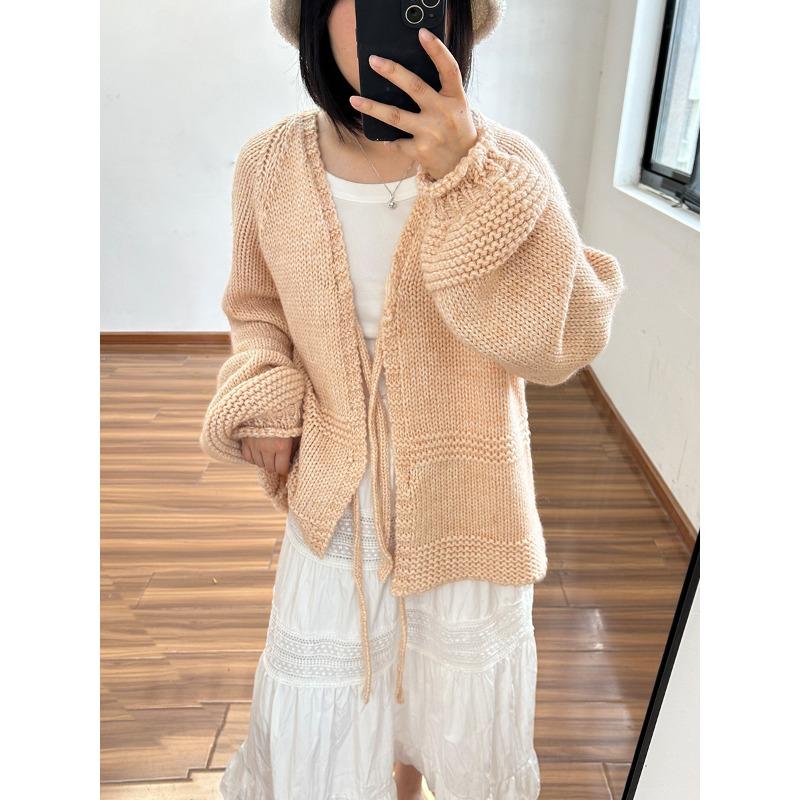 

Осень и зима новый свитер-жакет с рукавами-фонариками, толстой вязки, мягкий, восковой, нежный ветер, свободный, универсальный вязаный кардиган для женщин One size розовый