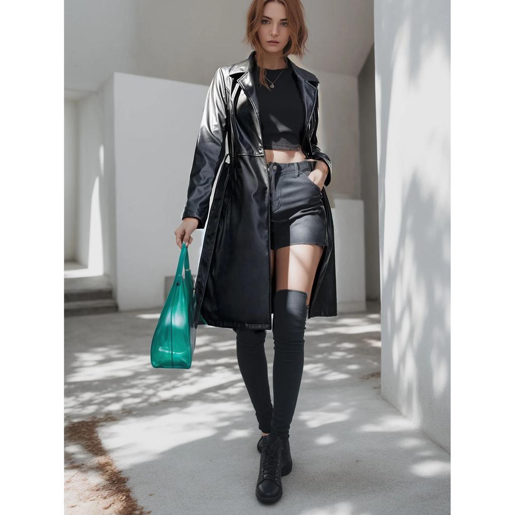 Solid Mid Length PU Leather Jacket Casual Lapel Long Sleeve Outerwear Women's Clothing