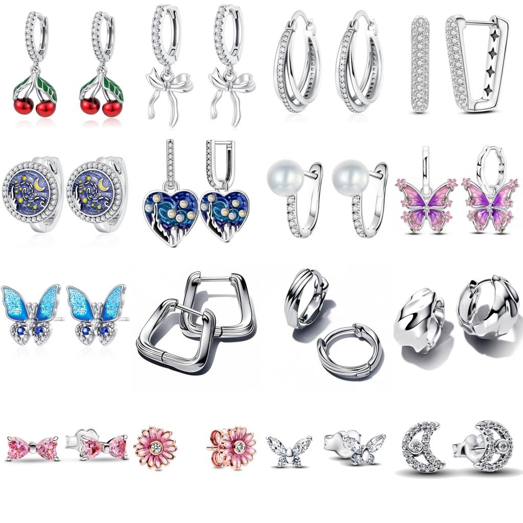 925 Silver Starry Sky Cherry Butterfly Flower Bow Drop Earrings Ear Stud Fine Trinkets Jewelry Women