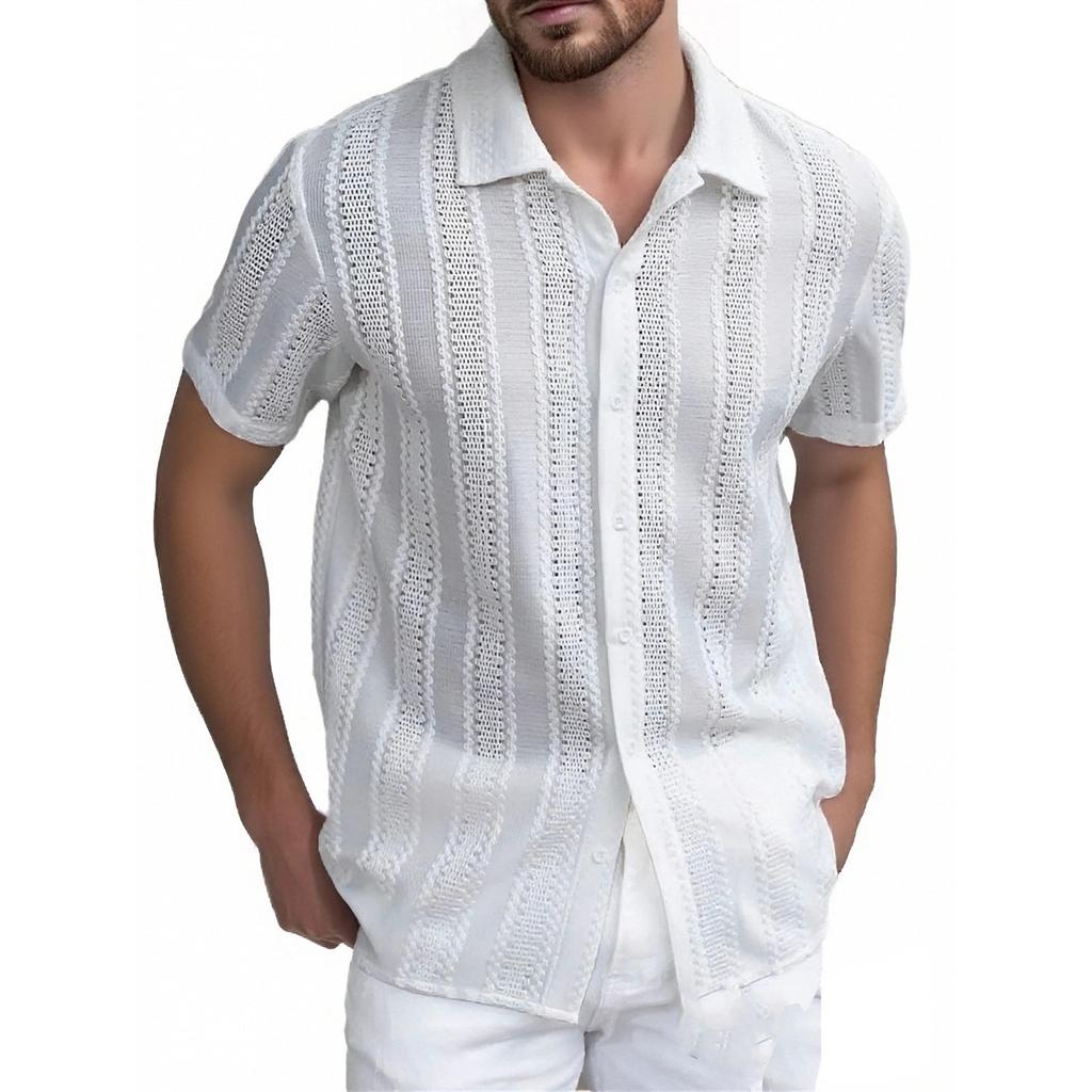 Men's Lace Short-sleeved Shirt With See-through Buttons, Holiday Casual Hollowed-out Top