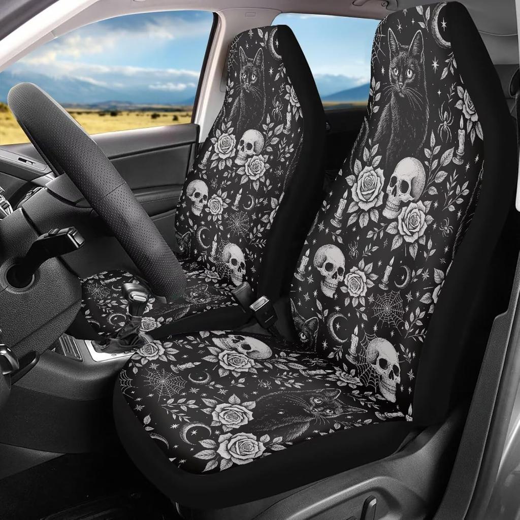 Bulopur Cute Black Gray Skull Set of 2 Car Seat Covers Universal Auto Front Seats Protector Fits for Car,SUV Sedan,Truck