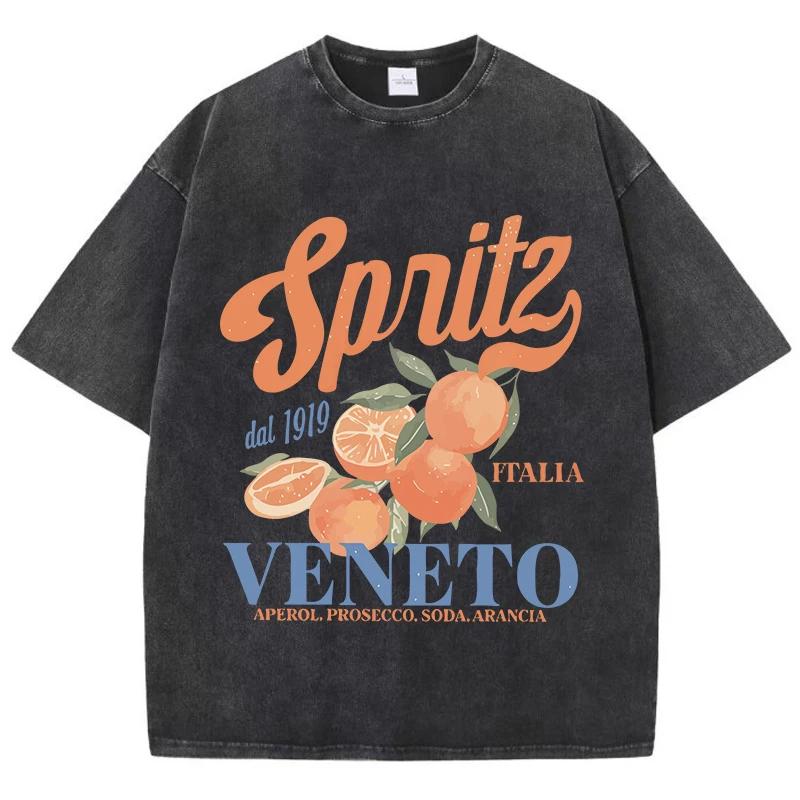 Orange Fruit Printed Washed T-shirt for Men Cotton T-shirt with Holes Round Neck Comfortable Top for Summer