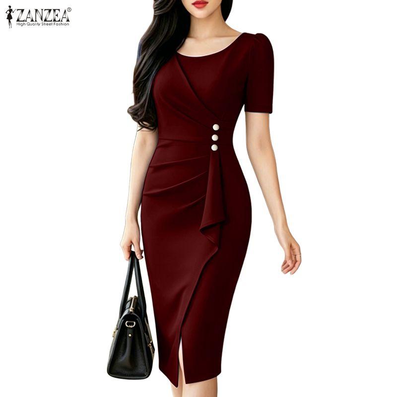 ZANZEA Abito da donna elegante a tubino casual con scollo rotondo e maniche corte