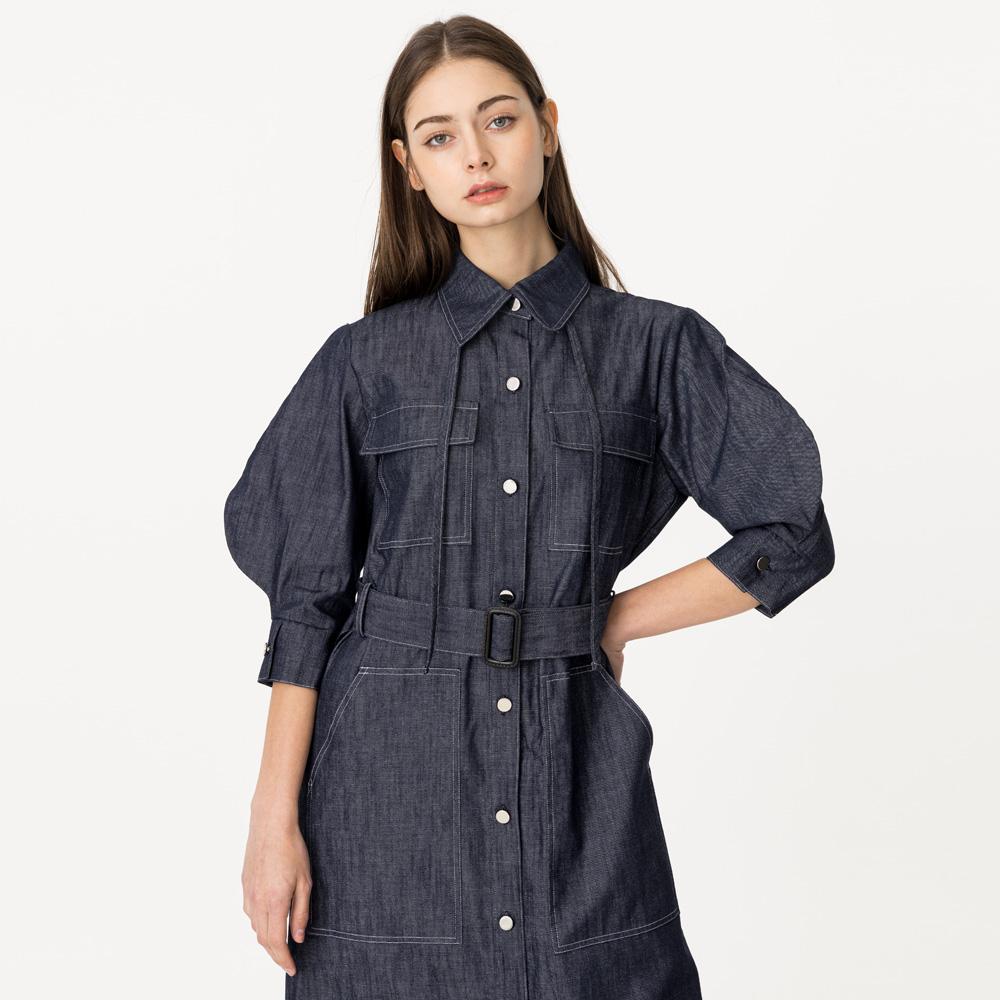 Bunderghost Bishop Sleeve 3/4 Sleeve String Denim Long Dress Indigo Denim