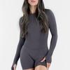 Women's Matte Long Sleeve Open-Back Yoga Jumpsuit with Shorts - Stylish Fitness Attire