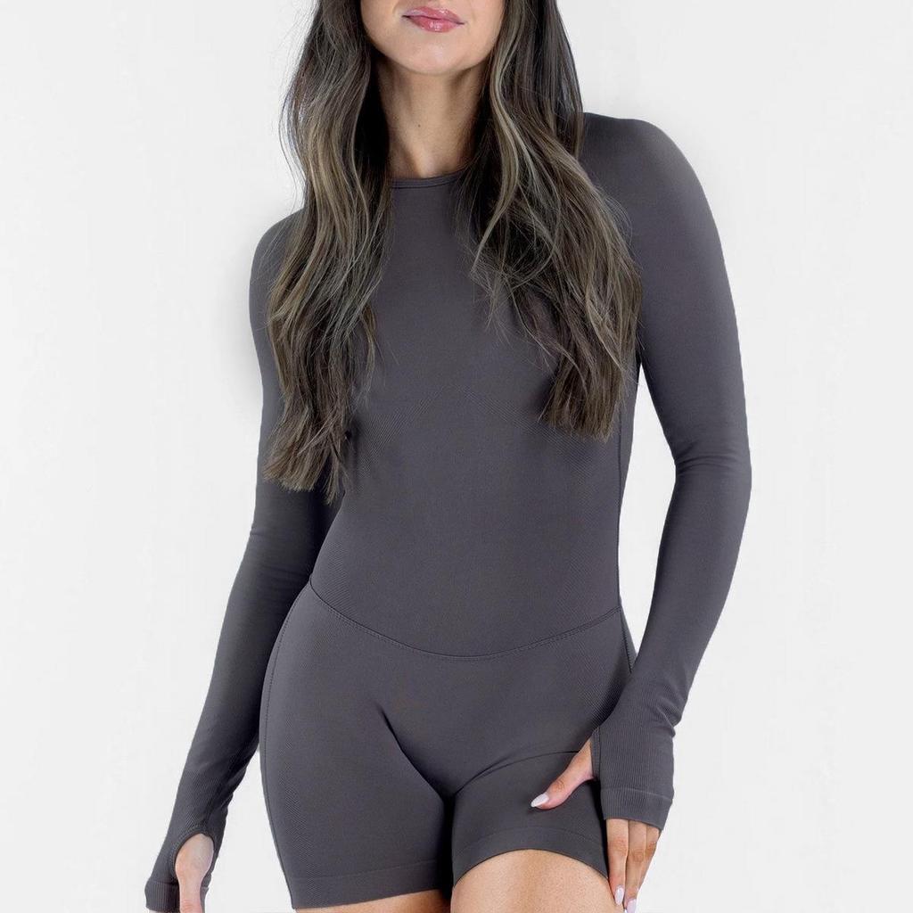 Women's Matte Long Sleeve Open-Back Yoga Jumpsuit with Shorts - Stylish Fitness Attire