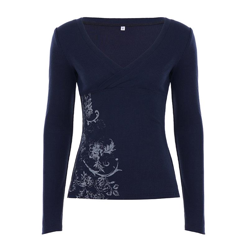 Elegantní podzimní retro květinový top s véčkem, úzkého střihu, s dlouhým rukávem pro ženy