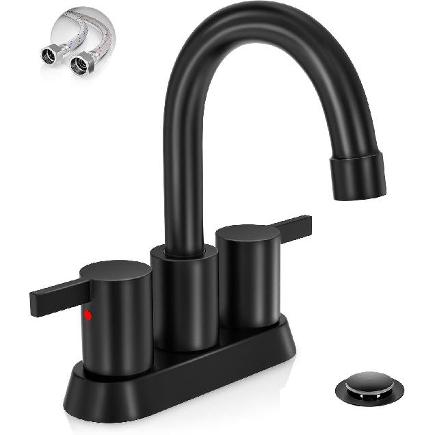 Phiestina 4 Inch 2 Handle Centerset Matte Black Lead-Free Modern Bathroom Faucet, 360 Swivel Spout 2-3 Hole RV Bathroom Vanity Sink Faucet with Pop