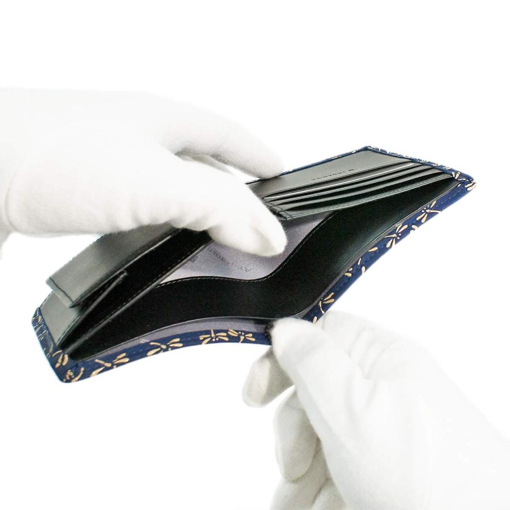 Inden Bifold Bill Compartment Box Type Coin Navy Blue X White Dragonfly Pattern [Indenya] Wallet, S, Purse, Deerskin, Lacquer, 2008-14-008