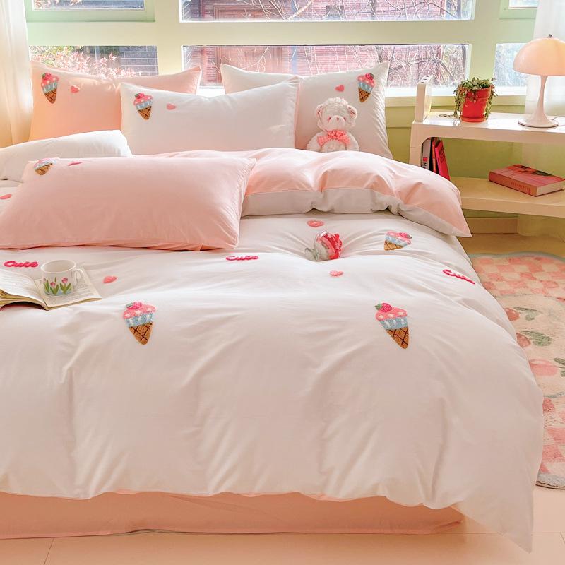 Pure Cotton Cartoon Towel Embroidered Bedding Set: Includes Quilt, Bed Sheet, and Pillowcases