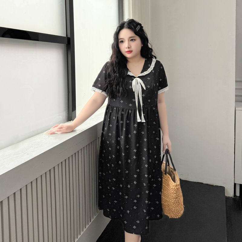 Plus size women clothing [Star River Monroe] Summer Chubby Girl Preppy Sailor Collar Short sleeve Bow Floral Dress