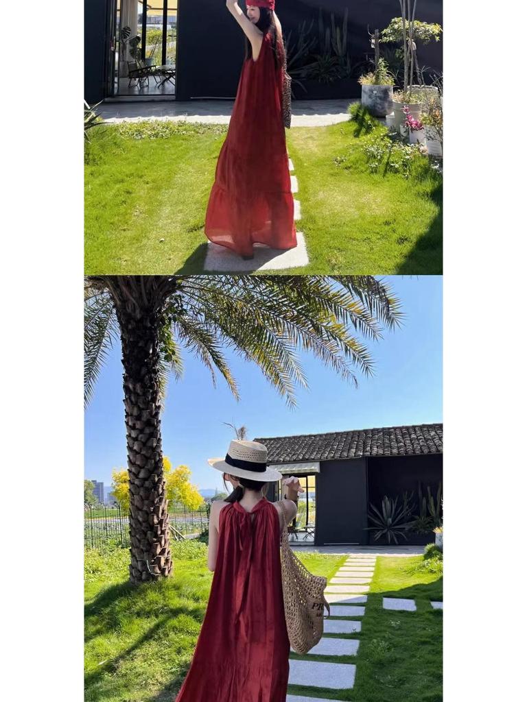 Retro Chinese Style Red Halter Neck Dress for Women - Summer Seaside Vacation Long Flare Skirt